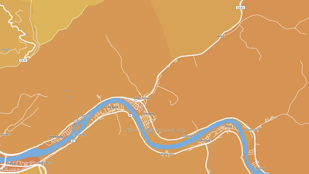 Map of the best neighborhoods in the 25039 area, with better matches in green and worse matches in red