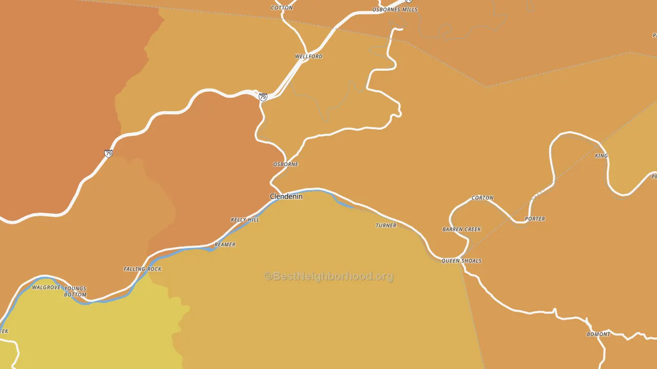 Map of the best neighborhoods in the 25045 area, with better matches in green and worse matches in red