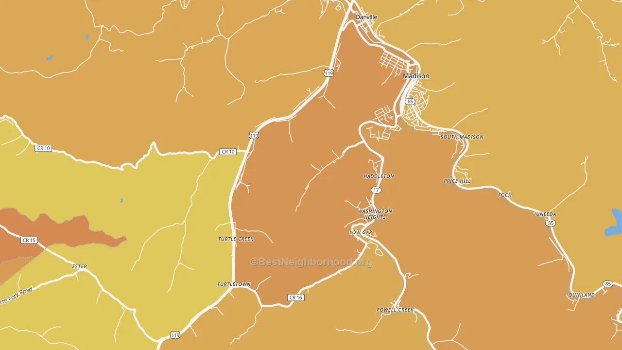 Map of the best neighborhoods in the 25053 area, with better matches in green and worse matches in red