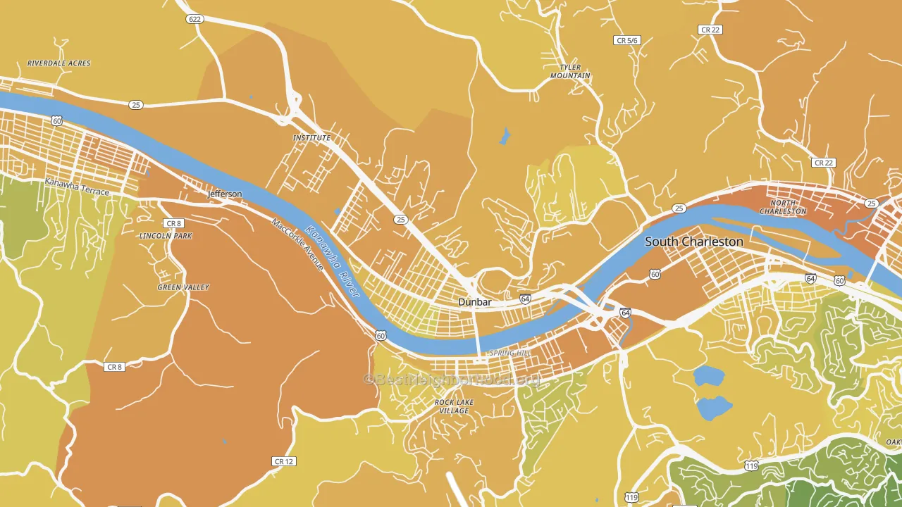 Map of the best neighborhoods in the 25064 area, with better matches in green and worse matches in red