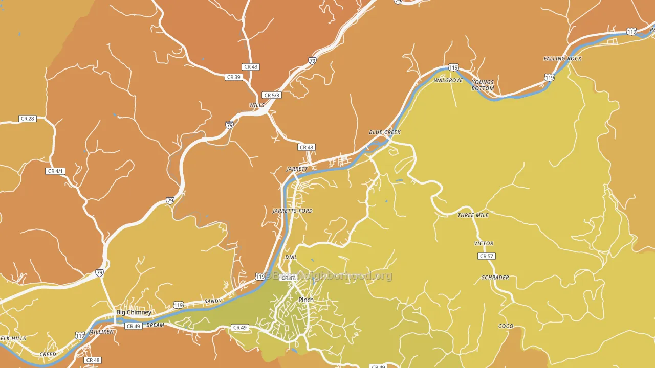 Map of the best neighborhoods in the 25071 area, with better matches in green and worse matches in red