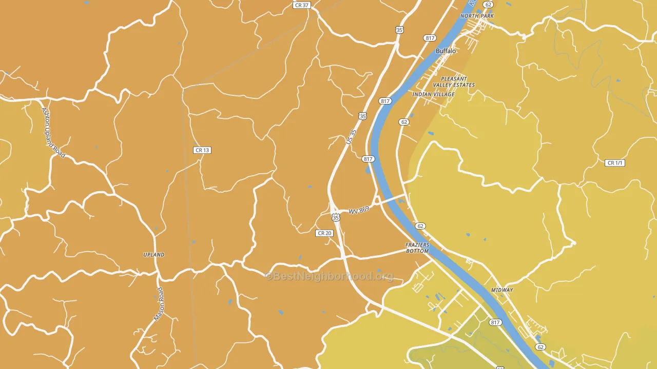 Map of the best neighborhoods in the 25082 area, with better matches in green and worse matches in red