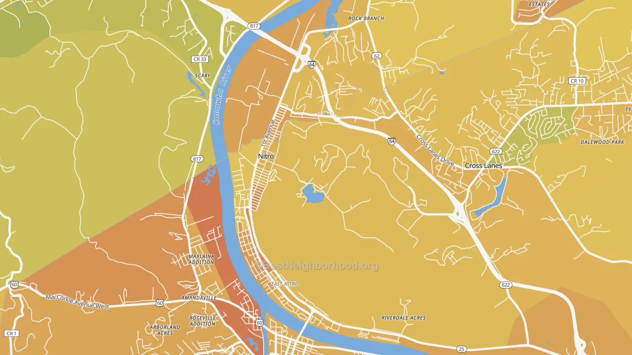 Map of the best neighborhoods in the 25143 area, with better matches in green and worse matches in red