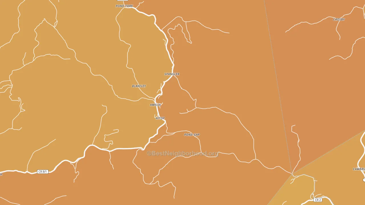 Map of the best neighborhoods in the 25160 area, with better matches in green and worse matches in red