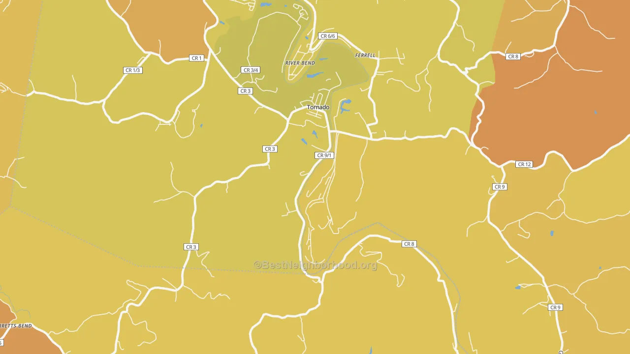 Map of the best neighborhoods in the 25202 area, with better matches in green and worse matches in red