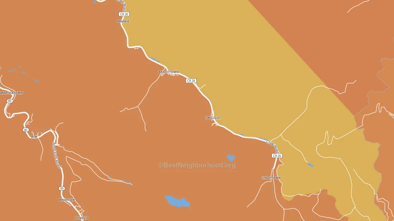 Map of the best neighborhoods in the 25204 area, with better matches in green and worse matches in red