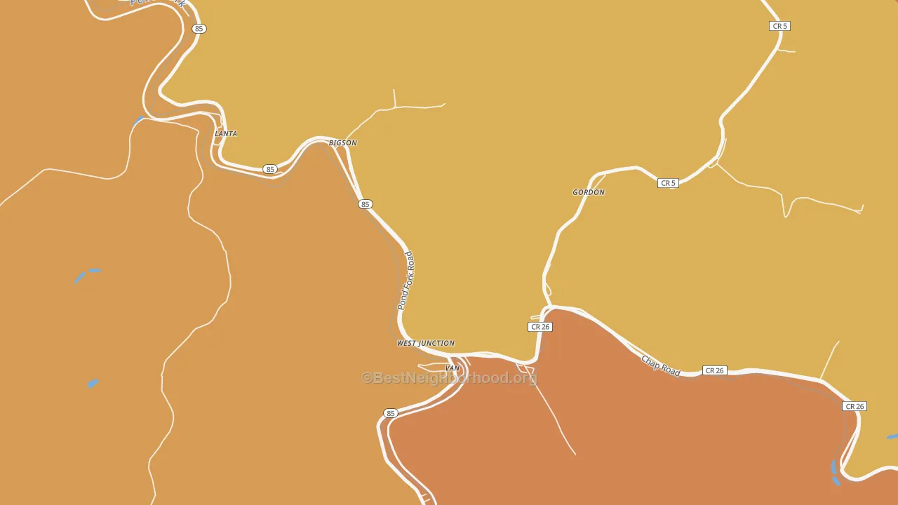 Map of the best neighborhoods in the 25206 area, with better matches in green and worse matches in red