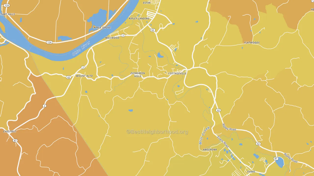 Map of the best neighborhoods in the 25239 area, with better matches in green and worse matches in red