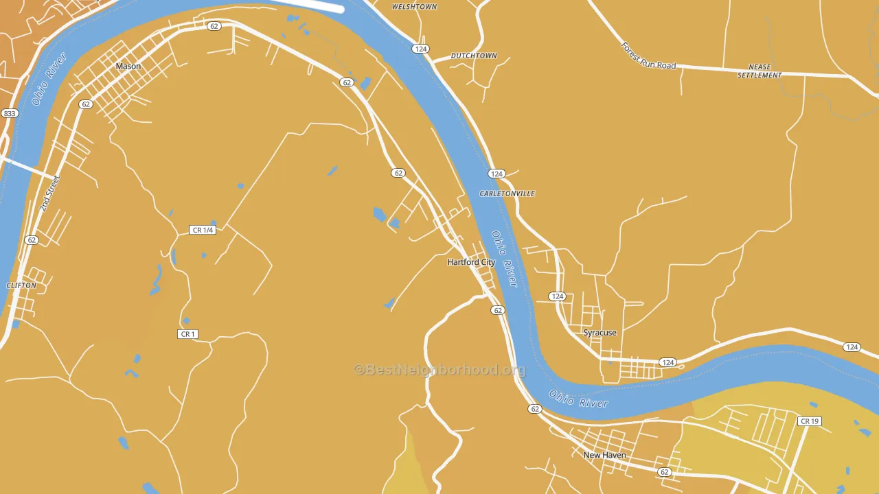 Map of the best neighborhoods in the 25247 area, with better matches in green and worse matches in red