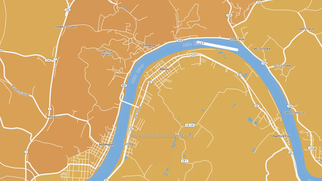 Map of the best neighborhoods in the 25260 area, with better matches in green and worse matches in red