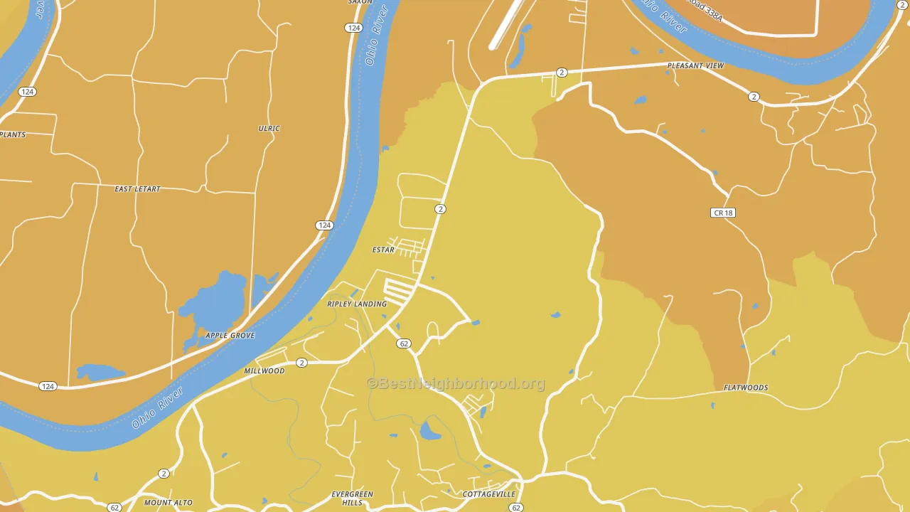 Map of the best neighborhoods in the 25262 area, with better matches in green and worse matches in red