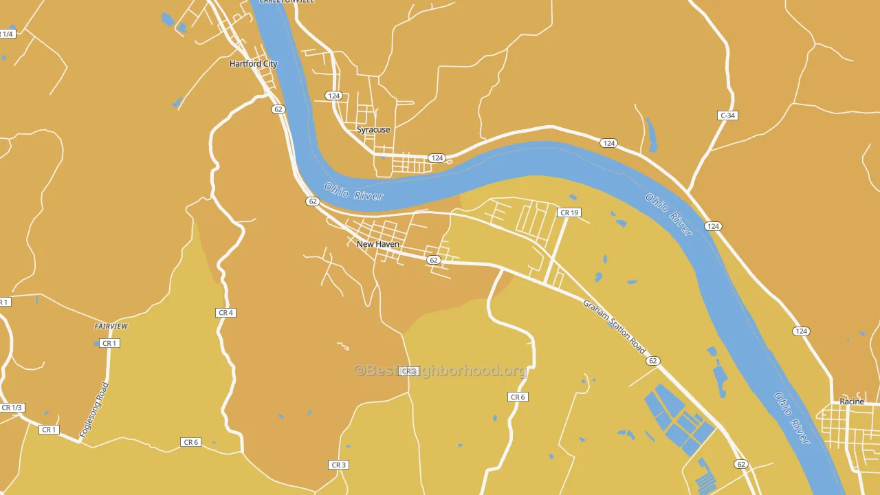 Map of the best neighborhoods in the 25265 area, with better matches in green and worse matches in red