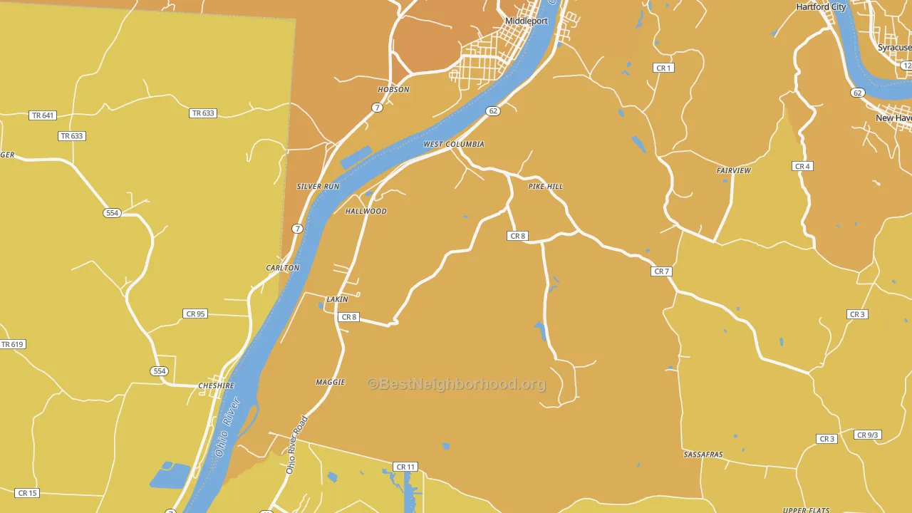 Map of the best neighborhoods in the 25287 area, with better matches in green and worse matches in red
