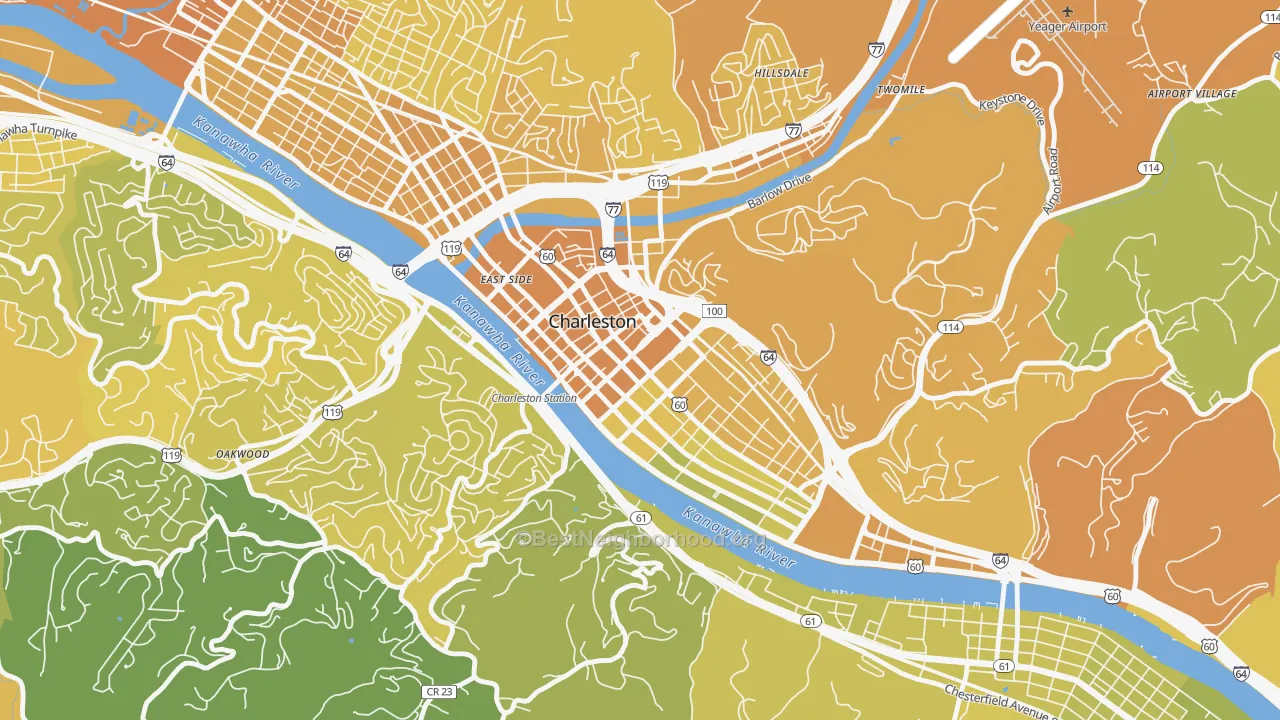 Map of the best neighborhoods in the 25301 area, with better matches in green and worse matches in red