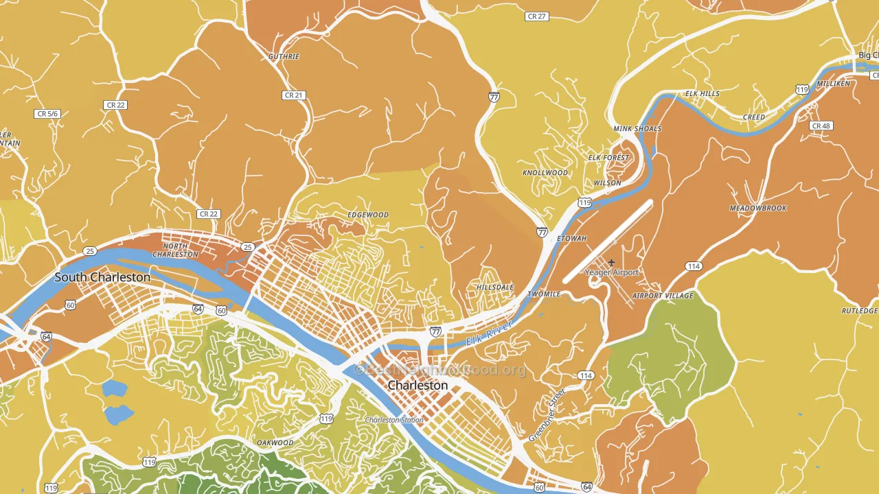 Map of the best neighborhoods in the 25302 area, with better matches in green and worse matches in red