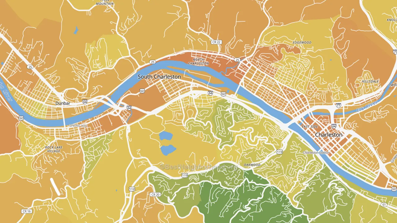 Map of the best neighborhoods in the 25303 area, with better matches in green and worse matches in red