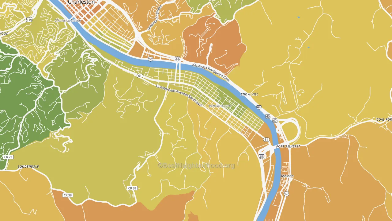 Map of the best neighborhoods in the 25304 area, with better matches in green and worse matches in red