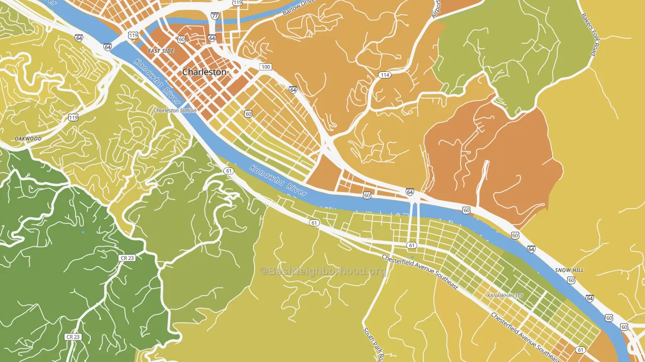 Map of the best neighborhoods in the 25305 area, with better matches in green and worse matches in red