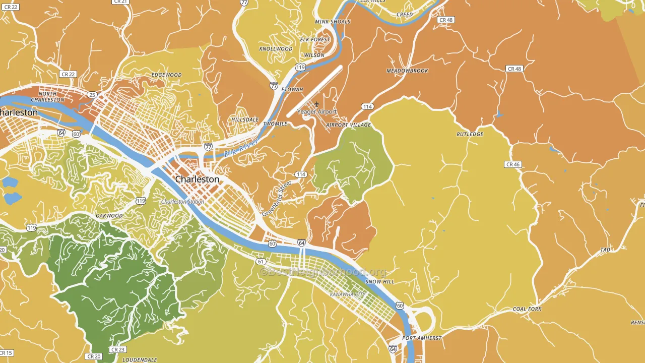 Map of the best neighborhoods in the 25311 area, with better matches in green and worse matches in red