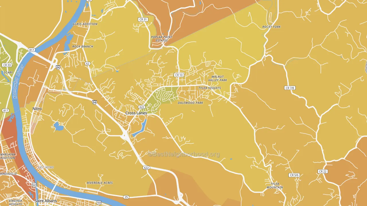 Map of the best neighborhoods in the 25313 area, with better matches in green and worse matches in red