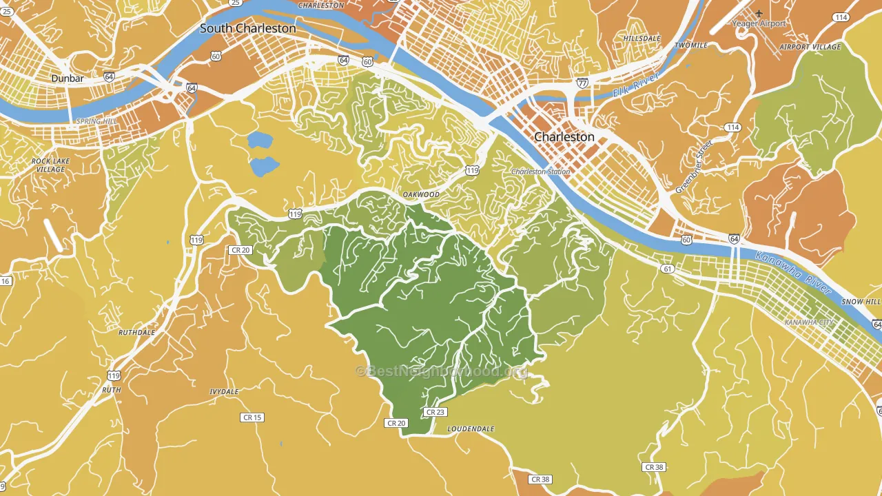 Map of the best neighborhoods in the 25314 area, with better matches in green and worse matches in red