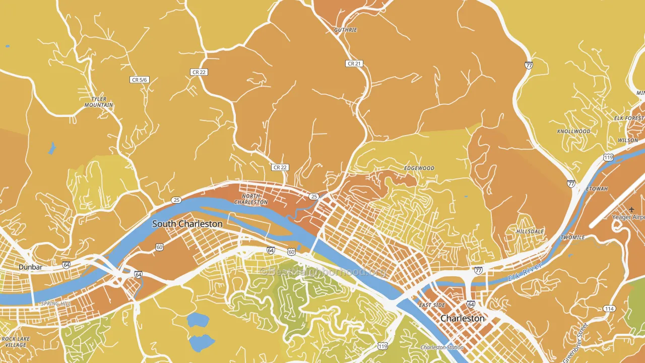 Map of the best neighborhoods in the 25387 area, with better matches in green and worse matches in red