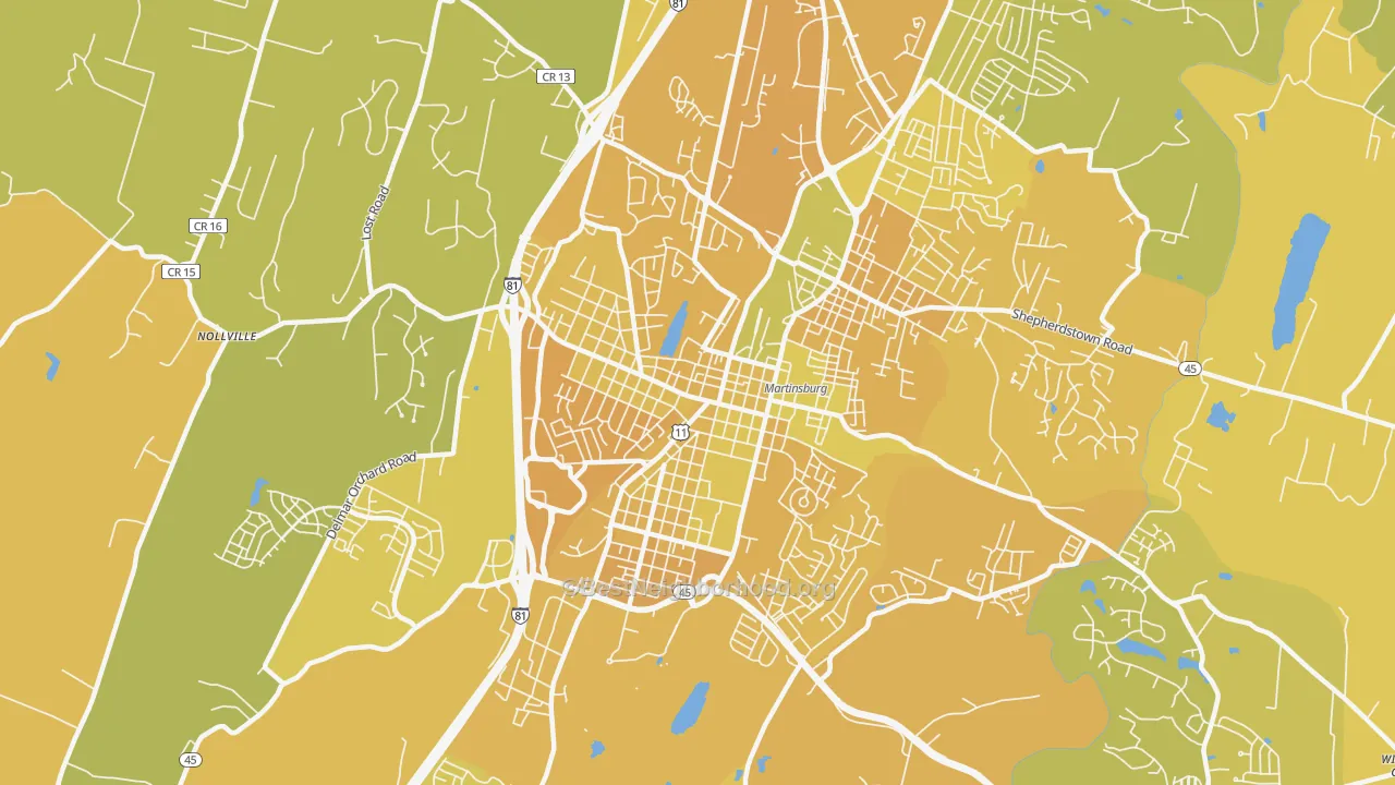 Map of the best neighborhoods in the 25401 area, with better matches in green and worse matches in red