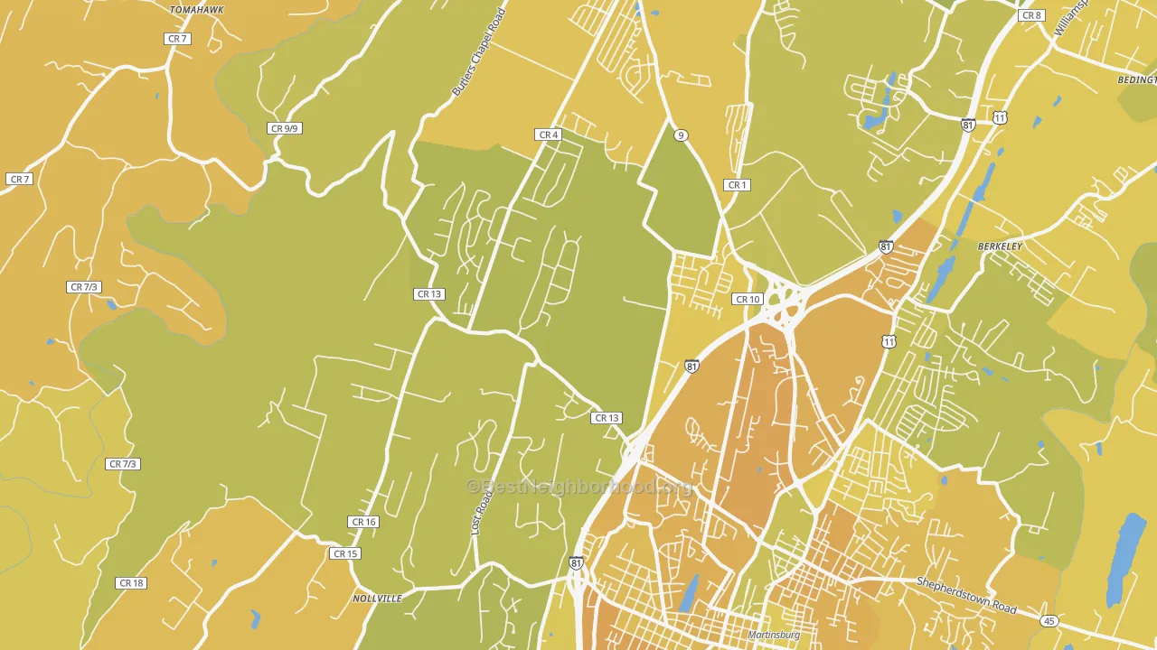 Map of the best neighborhoods in the 25403 area, with better matches in green and worse matches in red