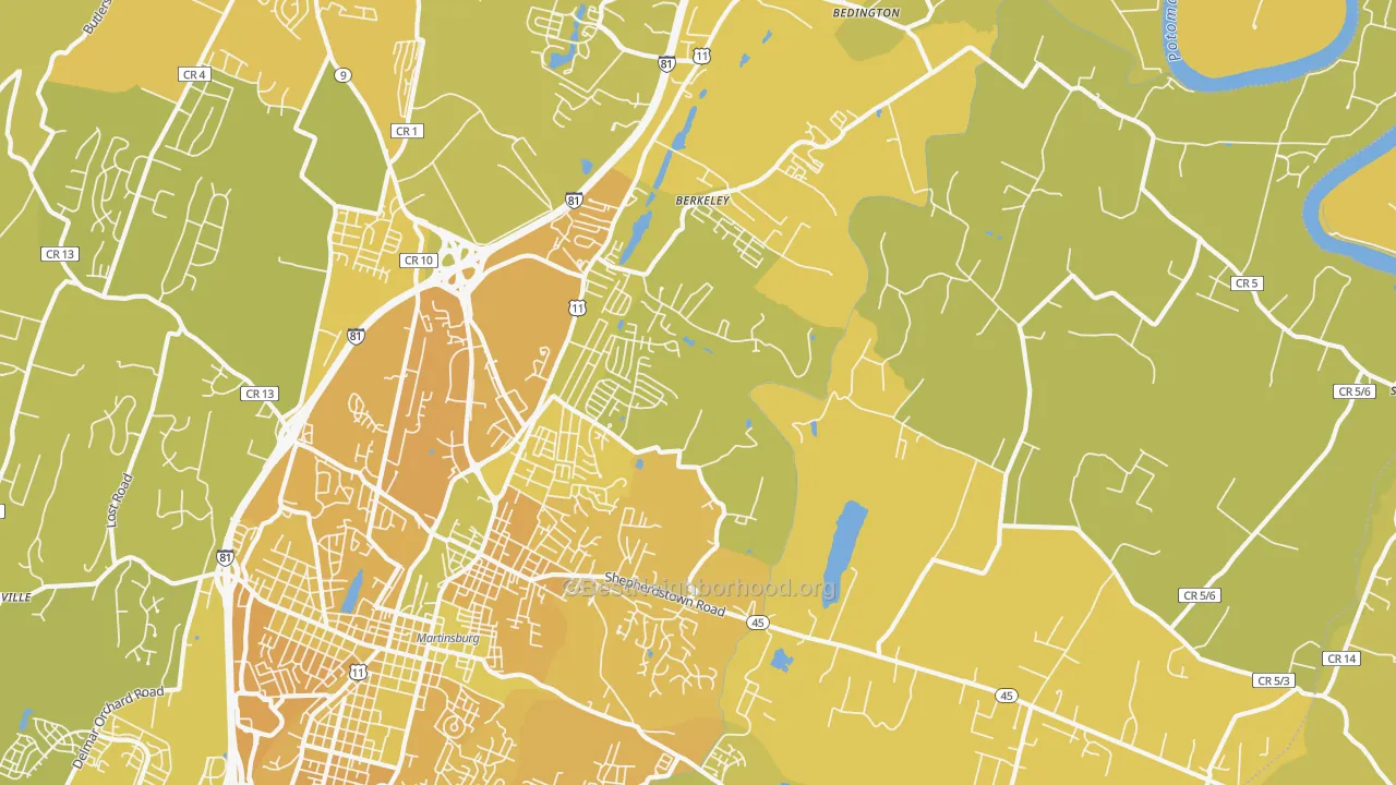 Map of the best neighborhoods in the 25404 area, with better matches in green and worse matches in red