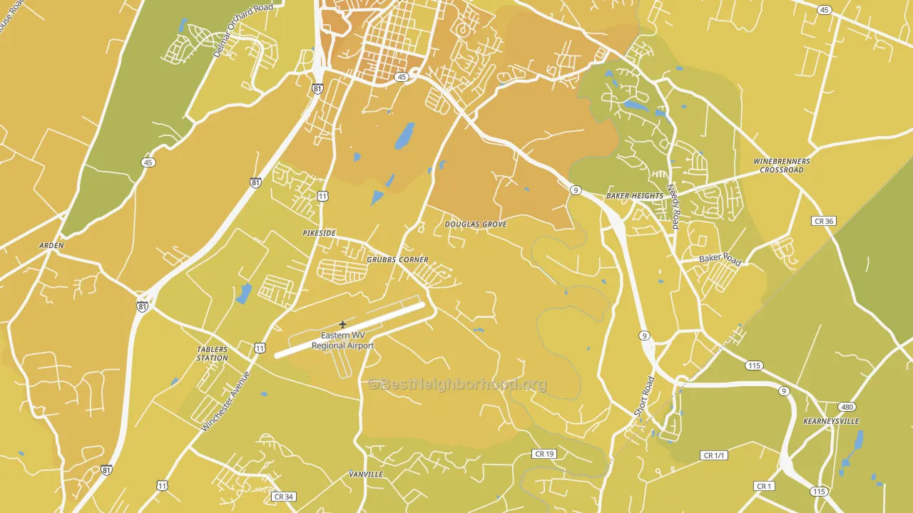 Map of the best neighborhoods in the 25405 area, with better matches in green and worse matches in red