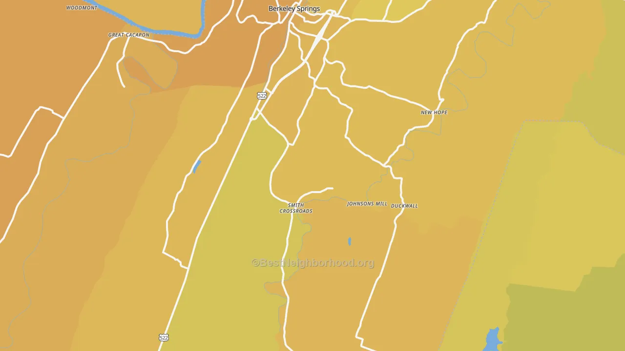 Map of the best neighborhoods in the 25411 area, with better matches in green and worse matches in red
