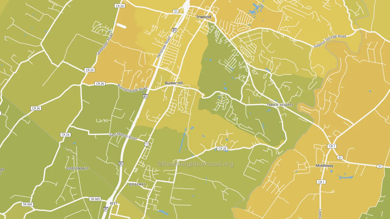 Map of the best neighborhoods in the 25413 area, with better matches in green and worse matches in red