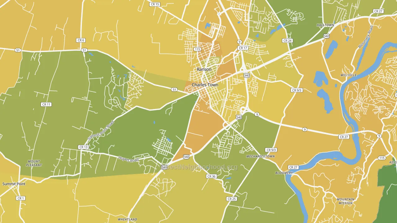 Map of the best neighborhoods in the 25414 area, with better matches in green and worse matches in red