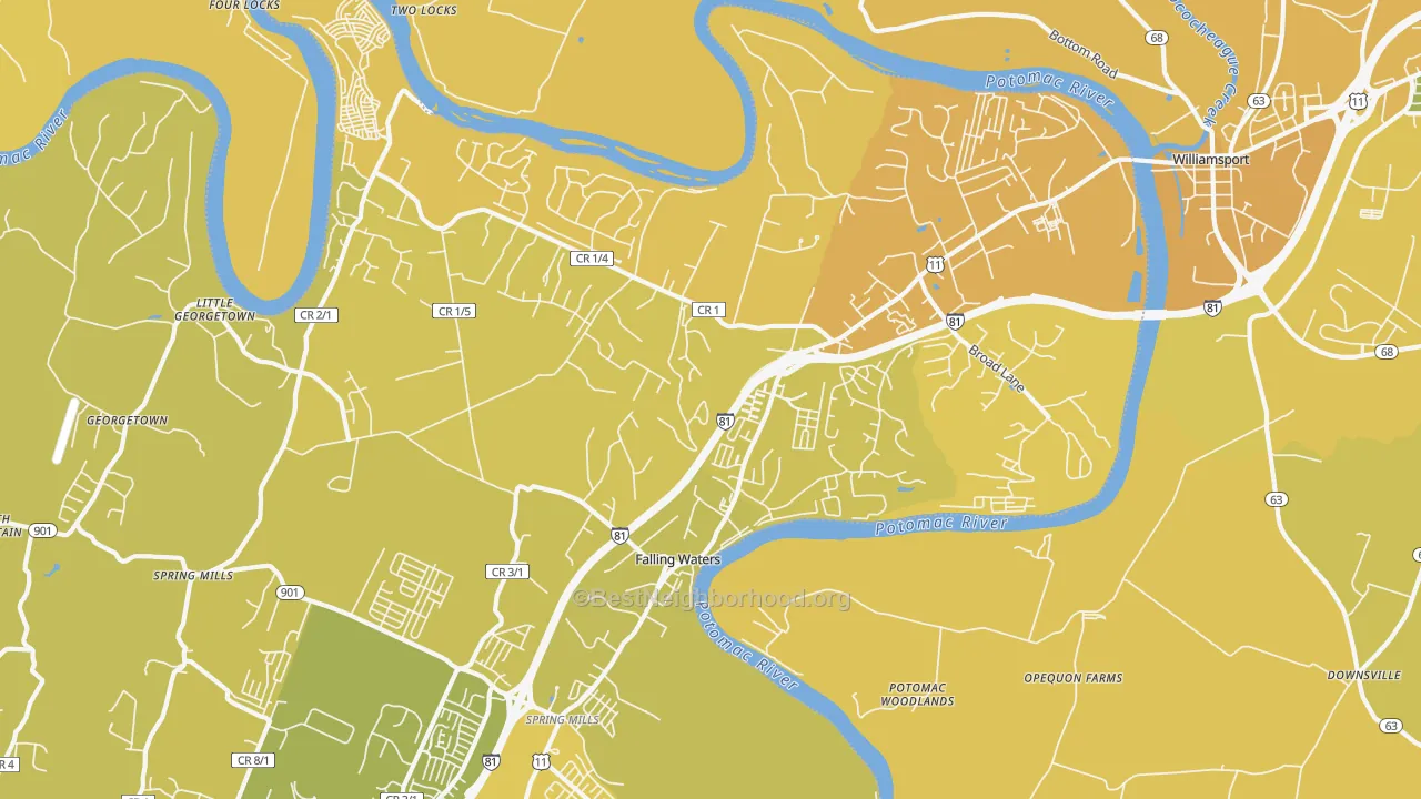 Map of the best neighborhoods in the 25419 area, with better matches in green and worse matches in red