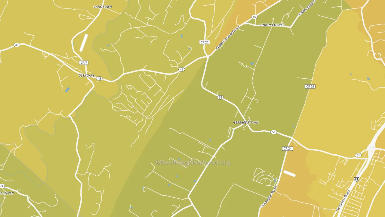 Map of the best neighborhoods in the 25420 area, with better matches in green and worse matches in red