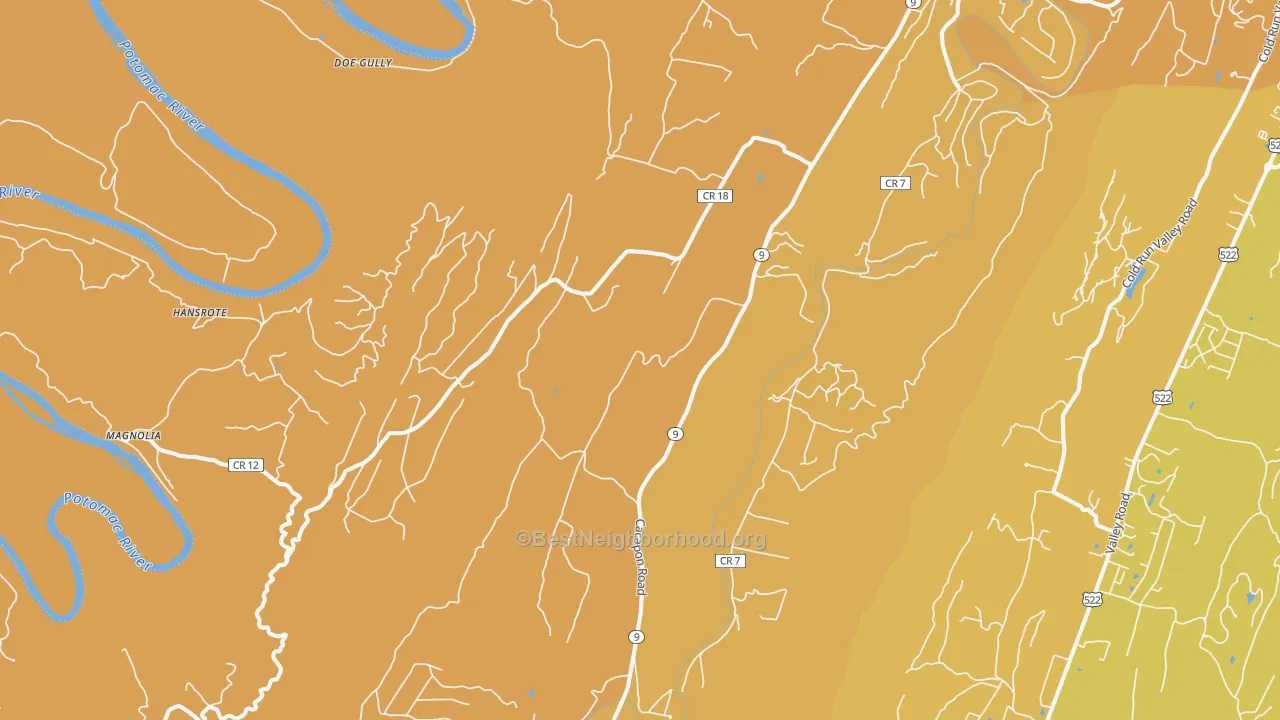 Map of the best neighborhoods in the 25422 area, with better matches in green and worse matches in red