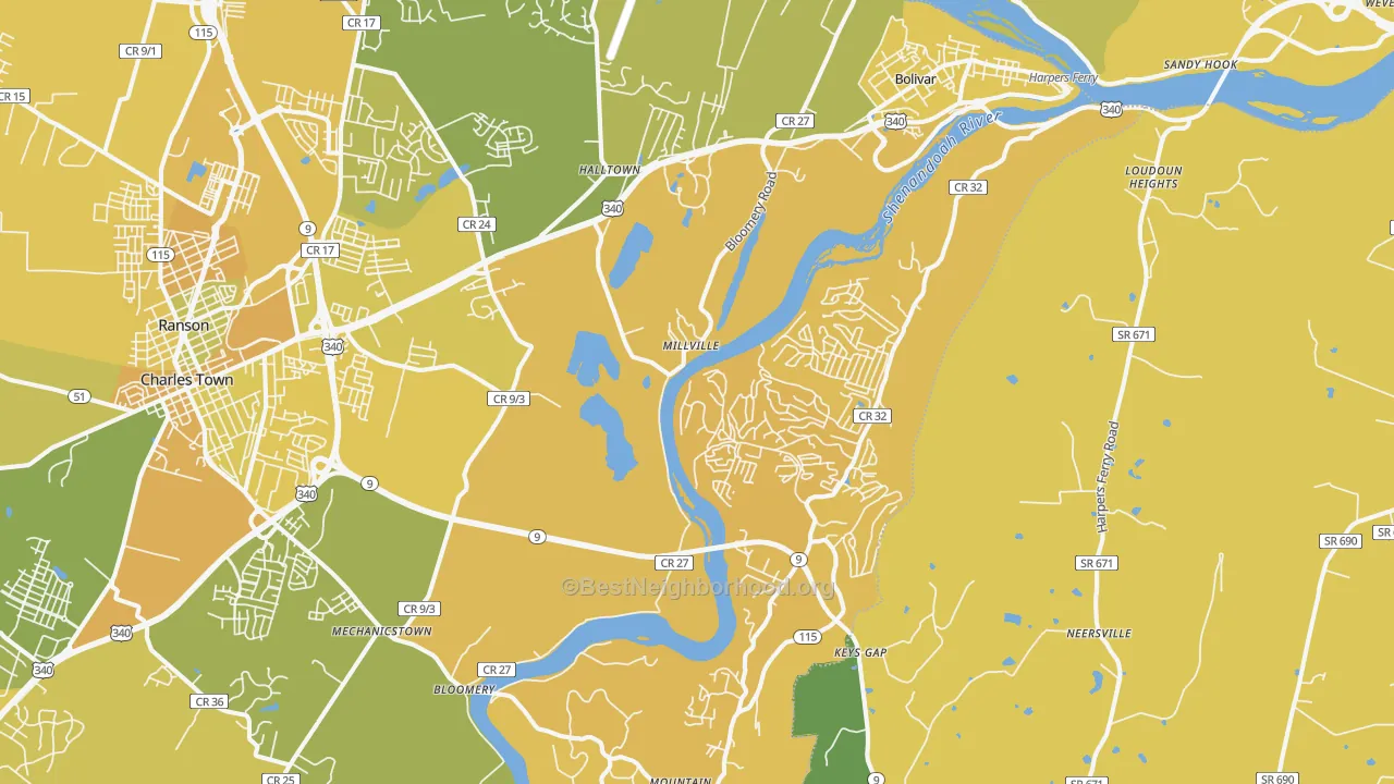 Map of the best neighborhoods in the 25425 area, with better matches in green and worse matches in red
