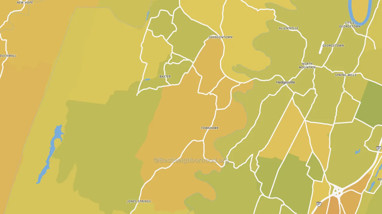 Map of the best neighborhoods in the 25427 area, with better matches in green and worse matches in red