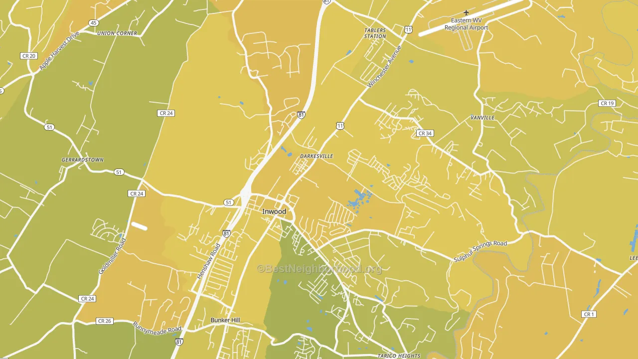 Map of the best neighborhoods in the 25428 area, with better matches in green and worse matches in red