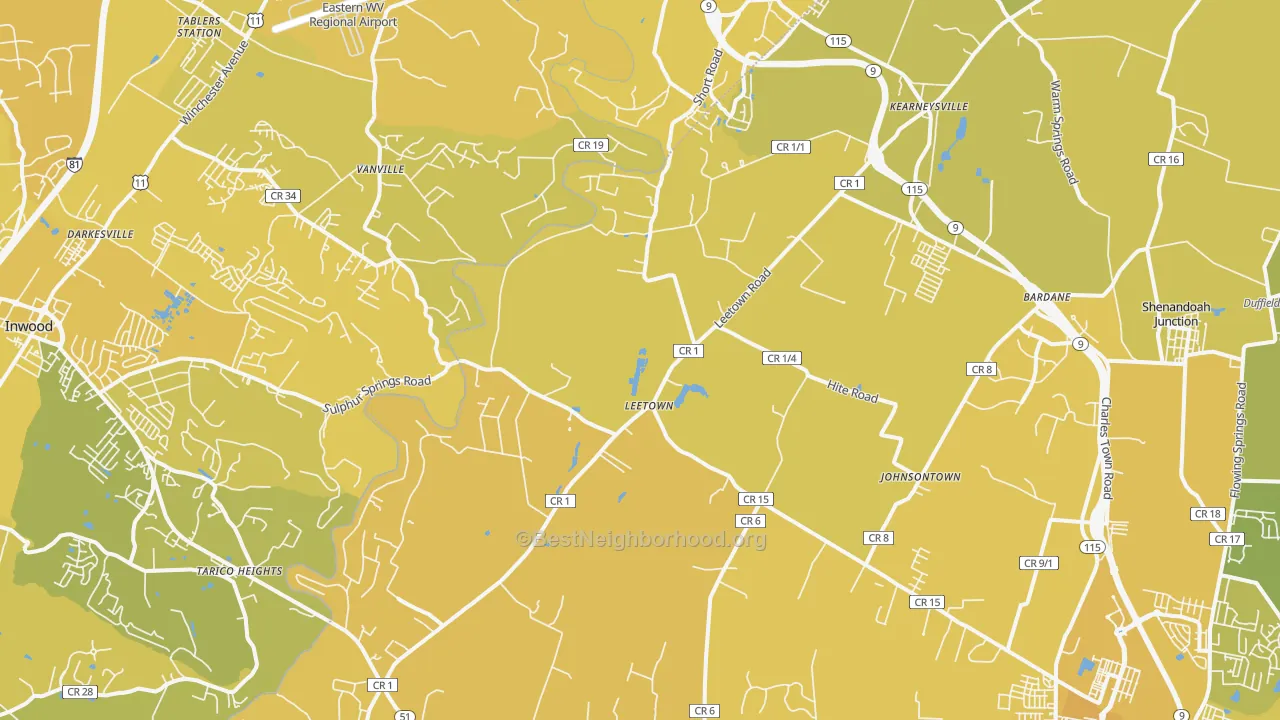 Map of the best neighborhoods in the 25430 area, with better matches in green and worse matches in red