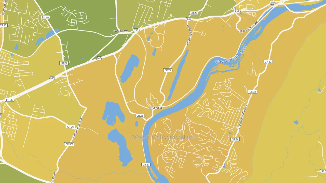 Map of the best neighborhoods in the 25432 area, with better matches in green and worse matches in red