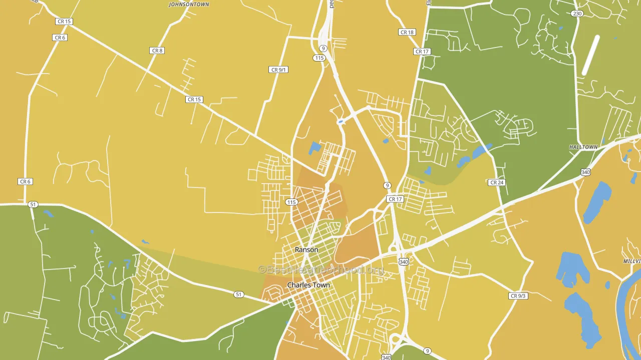 Map of the best neighborhoods in the 25438 area, with better matches in green and worse matches in red