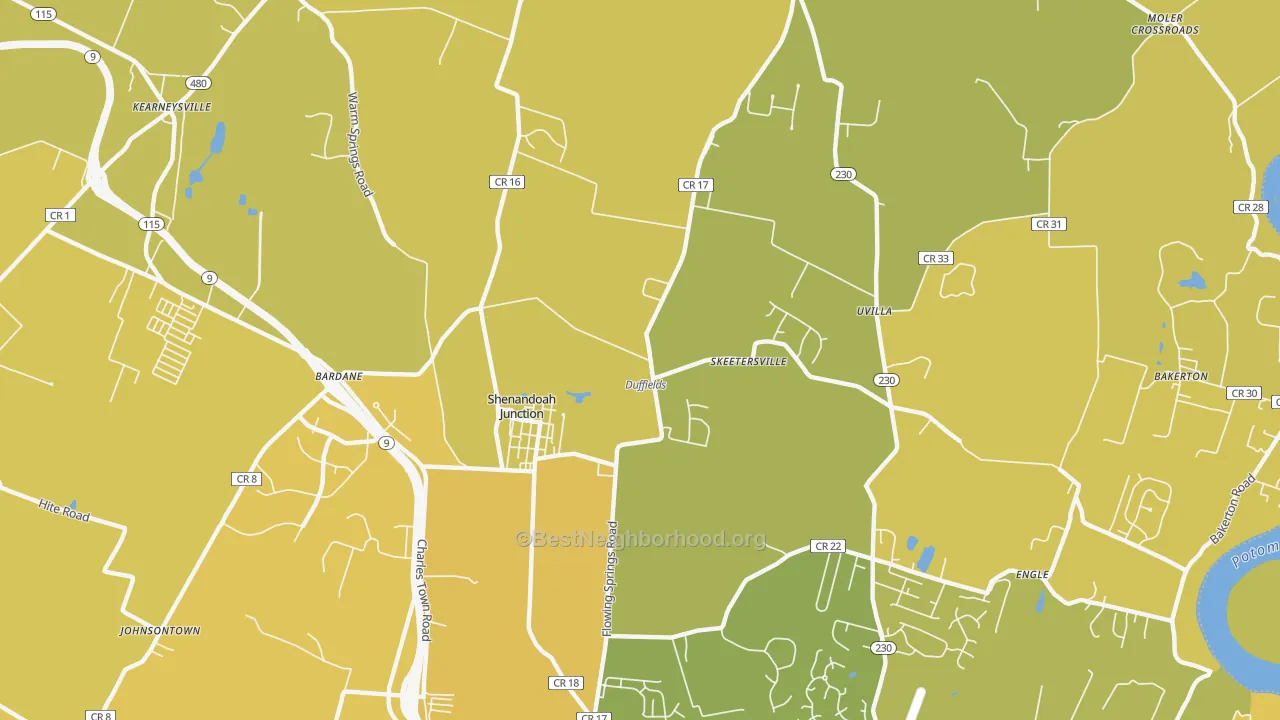 Map of the best neighborhoods in the 25442 area, with better matches in green and worse matches in red