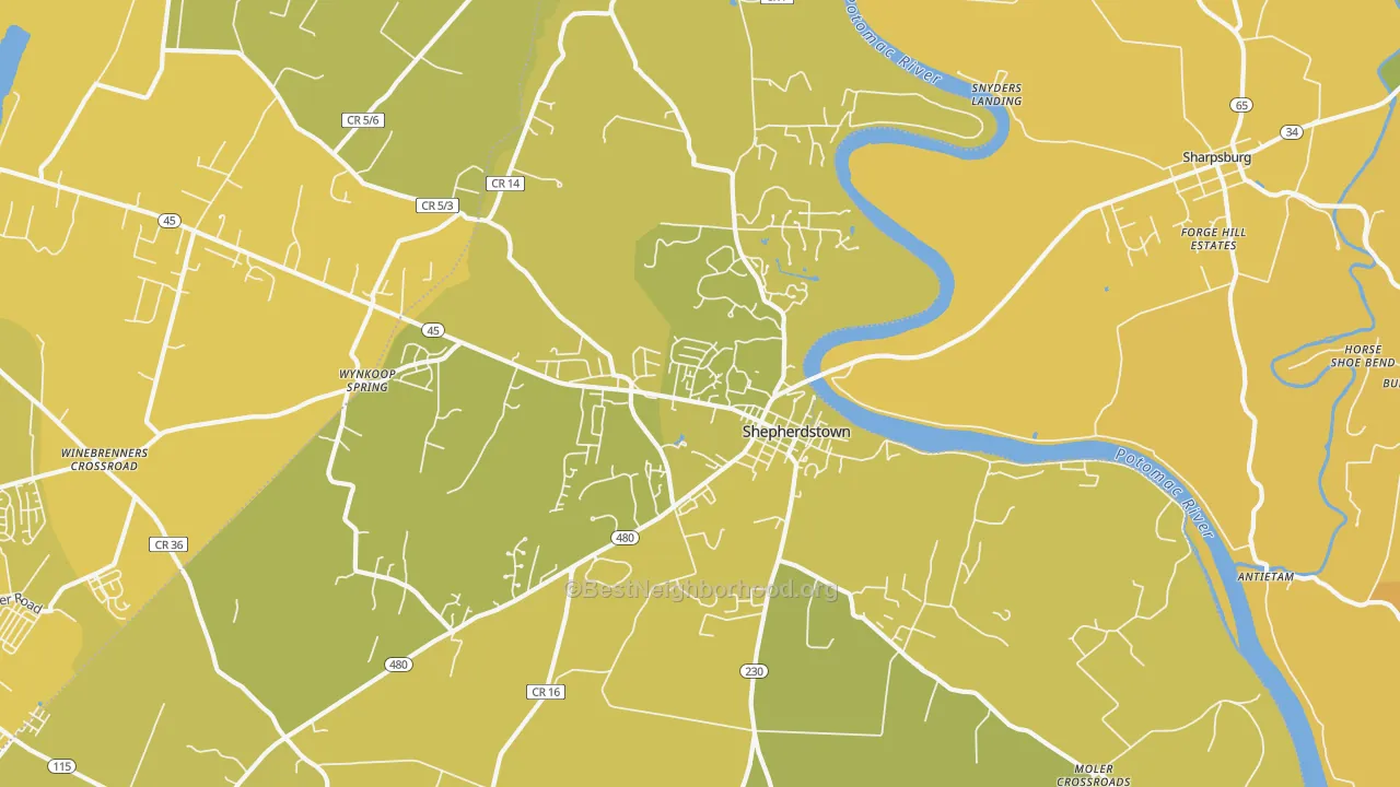 Map of the best neighborhoods in the 25443 area, with better matches in green and worse matches in red