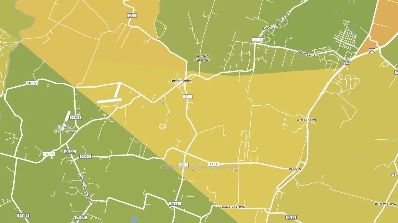 Map of the best neighborhoods in the 25446 area, with better matches in green and worse matches in red