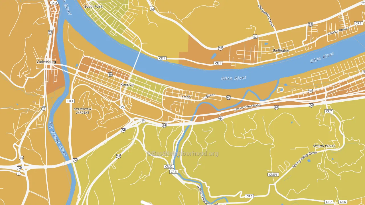 Map of the best neighborhoods in the 25507 area, with better matches in green and worse matches in red