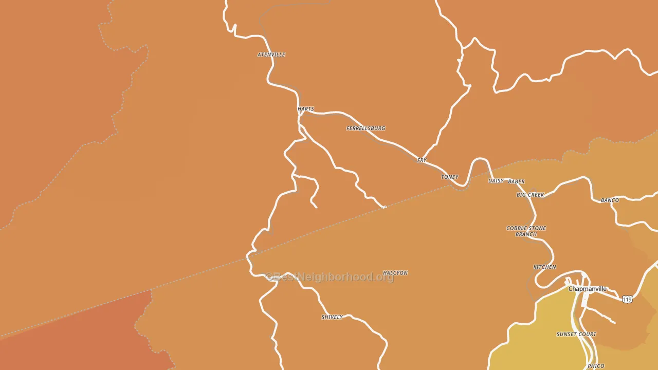 Map of the best neighborhoods in the 25524 area, with better matches in green and worse matches in red