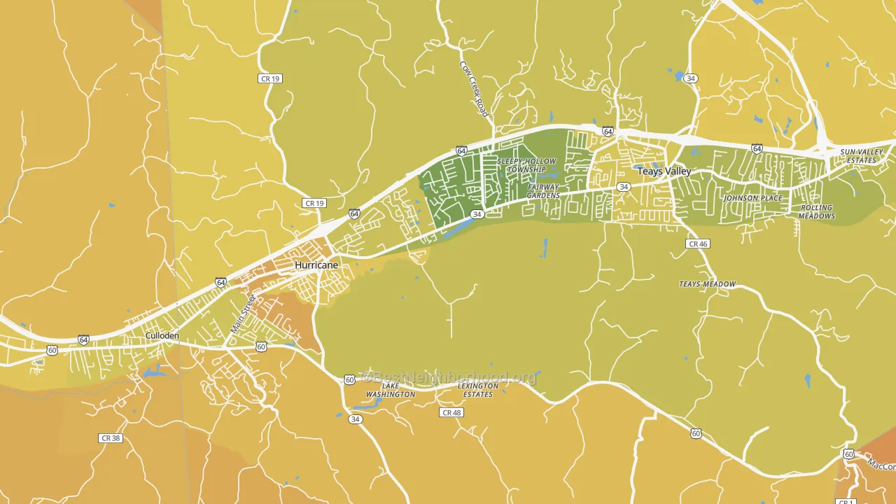 Map of the best neighborhoods in the 25526 area, with better matches in green and worse matches in red