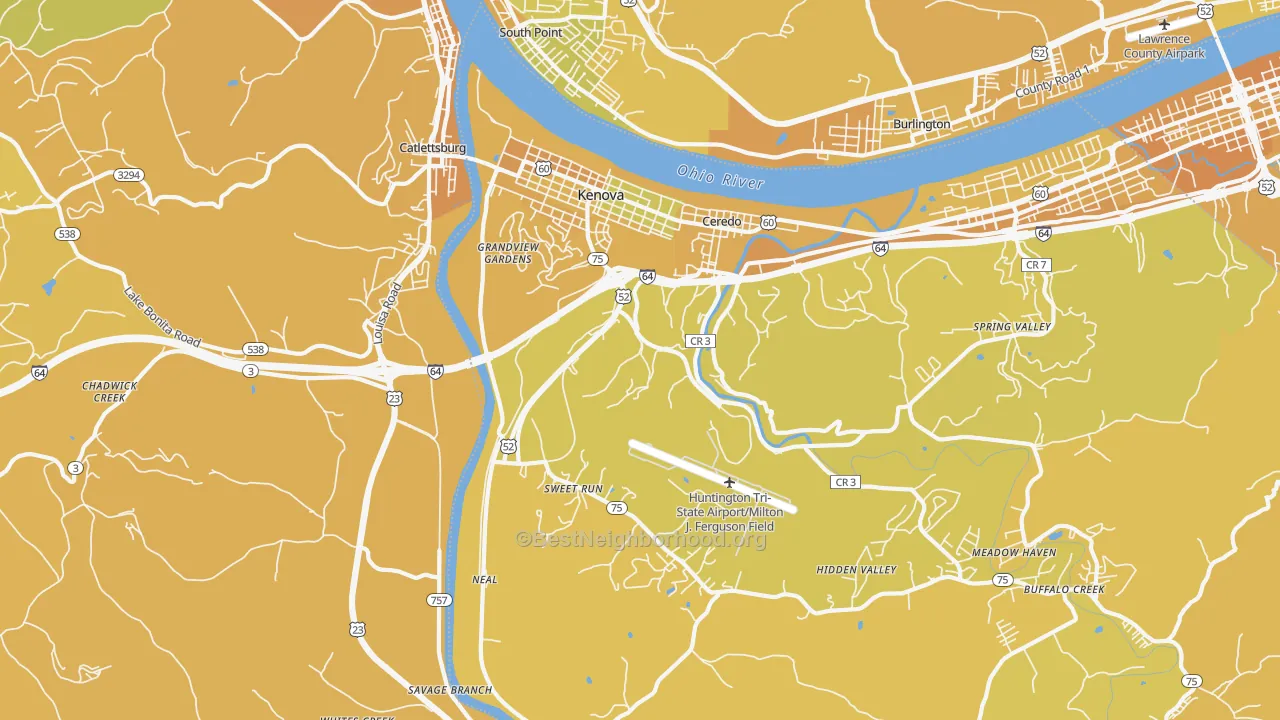 Map of the best neighborhoods in the 25530 area, with better matches in green and worse matches in red