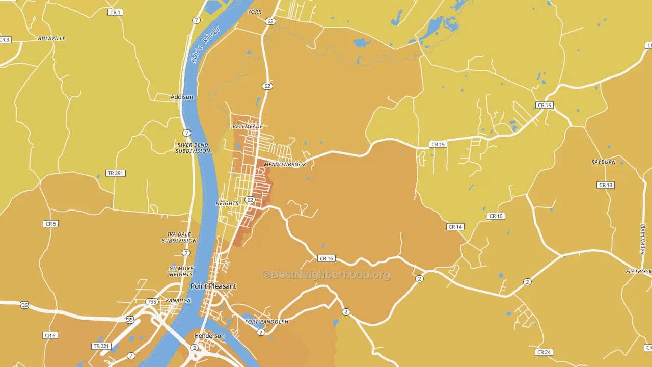 Map of the best neighborhoods in the 25550 area, with better matches in green and worse matches in red